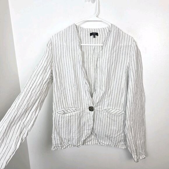 Yest White Black Pinstripe One Button 100% Linen Coastal Lightweight Blazer Sz 6 - Picture 1 of 8